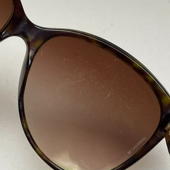 CHANEL Brown Tortoise & Leather Detail Cat Eye Sunglasses - Style: 5225